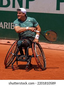 PARIS, FRANCE - JUNE 5, 2022: Argentinian Wheelchair Tennis Player Gustavo Fernandez In Action During His Wheelchair Men's Singles Final Match Against Shingo Kunieda At 2022 Roland Garros In Paris