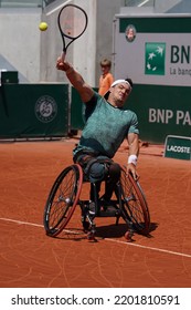 PARIS, FRANCE - JUNE 5, 2022: Argentinian Wheelchair Tennis Player Gustavo Fernandez In Action During His Wheelchair Men's Singles Final Match Against Shingo Kunieda At 2022 Roland Garros In Paris