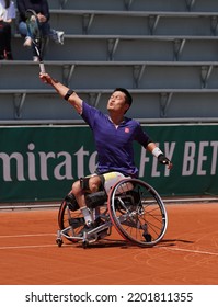 PARIS, FRANCE - JUNE 5, 2022: Wheelchair Tennis Player Shingo Kunieda Of Japan In Action During His Wheelchair Men's Singles Final Match Against Gustavo Fernandez Of Argentina At 2022 Roland Garros