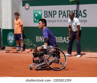 PARIS, FRANCE - JUNE 5, 2022: Wheelchair Tennis Player Shingo Kunieda Of Japan In Action During His Wheelchair Men's Singles Final Match Against Gustavo Fernandez Of Argentina At 2022 Roland Garros