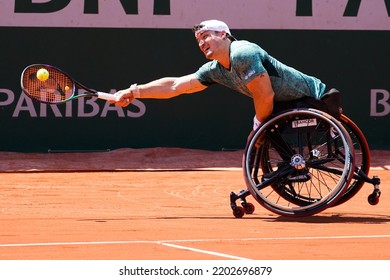 PARIS, FRANCE - JUNE 5, 2022: Argentinian Wheelchair Tennis Player Gustavo Fernandez In Action During His Wheelchair Men's Singles Final Match Against Shingo Kunieda At 2022 Roland Garros In Paris