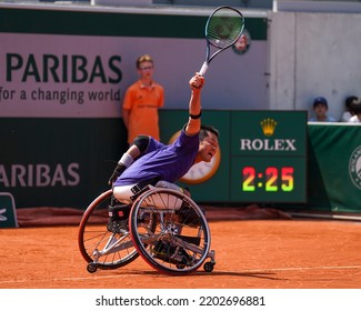 PARIS, FRANCE - JUNE 5, 2022: Wheelchair Tennis Player Shingo Kunieda Of Japan In Action During His Wheelchair Men's Singles Final Match Against Gustavo Fernandez Of Argentina At 2022 Roland Garros