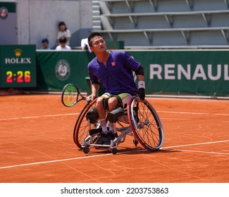 PARIS, FRANCE - JUNE 5, 2022: Wheelchair Tennis Player Shingo Kunieda Of Japan In Action During His Wheelchair Men's Singles Final Match Against Gustavo Fernandez Of Argentina At 2022 Roland Garros