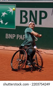 PARIS, FRANCE - JUNE 5, 2022: Argentinian Wheelchair Tennis Player Gustavo Fernandez In Action During His Wheelchair Men's Singles Final Match Against Shingo Kunieda At 2022 Roland Garros In Paris