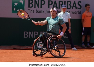 PARIS, FRANCE - JUNE 5, 2022: Argentinian Wheelchair Tennis Player Gustavo Fernandez In Action During His Wheelchair Men's Singles Final Match Against Shingo Kunieda At 2022 Roland Garros In Paris