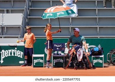 PARIS, FRANCE - JUNE 5, 2022: Argentinian Wheelchair Tennis Player Gustavo Fernandez In Action During His Wheelchair Men's Singles Final Match Against Shingo Kunieda At 2022 Roland Garros In Paris