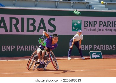 PARIS, FRANCE - JUNE 5, 2022: Wheelchair Tennis Player Shingo Kunieda Of Japan In Action During His Wheelchair Men's Singles Final Match Against Gustavo Fernandez Of Argentina At 2022 Roland Garros