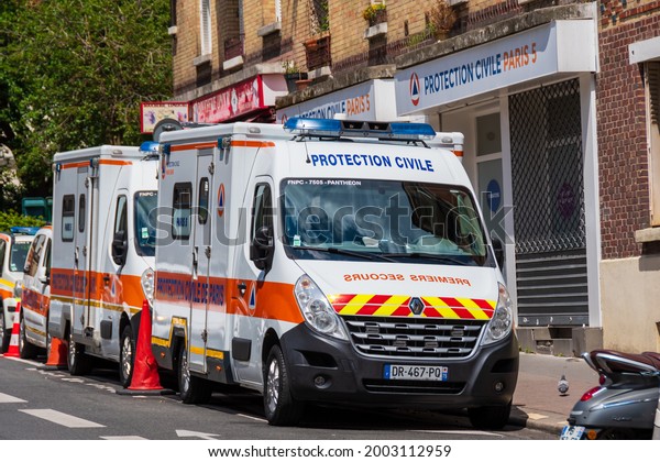 Paris, France - June 6, 2021: Emergency response\
vehicles of the Protection Civile Paris Seine. Protection Civile is\
a French association of first aid workers recognized as being of\
public utility