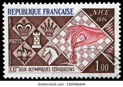 Paris, France - June 8, 1974: Chess Stamp Issued In 1974, For The 21st Chess Olympiad At Nice, June 6-30.