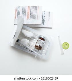 Paris, France - Mar 10, 2018: Table With Empty Bootle Injection Of Decapeptyl L.P. 11.25 MG A Medication That Acts As Agonist Analog Of Gonadotropin-releasing Hormone - Prostate Cancer Cure