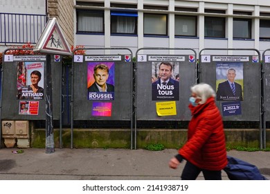 PARIS, FRANCE –30 MAR 2022- View of official political candidate posters for the French presidential election to take place on April 10 and 24, 2022 on the street in Paris.