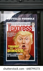 PARIS, FRANCE - MAR 23, 2017: French L'Express Magazines Cover Wtih Donald Trum Is Crazy Cover At Press Kiosk Newsstand (Trump Est Dingue In French)