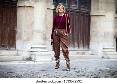 Paris, France - March 03 2019: Paris Fashion Week Street Style  Fall/Winter 2019/2020 Xenia Adonts Outside Thom Browne