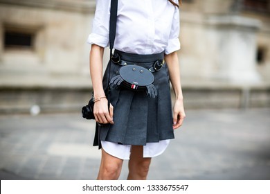 Paris, France - March 03 2019: Paris Fashion Week Street Style  Fall/Winter 2019/2020 Guest Outside Thom Browne