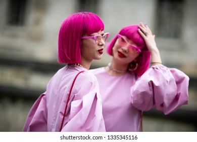 Paris, France - March 03 2019: Paris Fashion Week Street Style  Fall/Winter 2019/2020 Aya Suzuki And Ami Suzuki - Twins Amiaya Outside Valentino