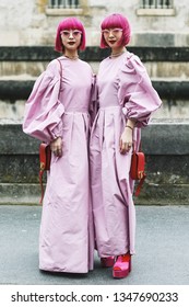 Paris, France - March 03, 2019: Street Style Outfit -  Ami Suzuki, Aya Suzuki After A Fashion Show During Paris Fashion Week - PFWFW19