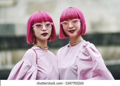 Paris, France - March 03, 2019: Street Style Outfit -  Ami Suzuki, Aya Suzuki After A Fashion Show During Paris Fashion Week - PFWFW19