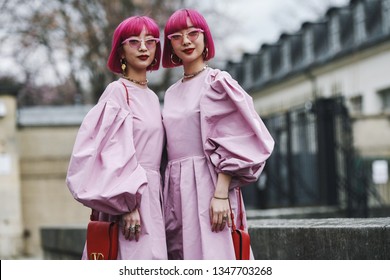 Paris, France - March 03, 2019: Street Style Outfit -  Ami Suzuki, Aya Suzuki After A Fashion Show During Paris Fashion Week - PFWFW19