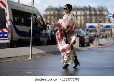 Paris, France - March 04 2019: Paris Fashion Week Street Style  Fall/Winter 2019/2020 Guest Outside Giambattista Valli