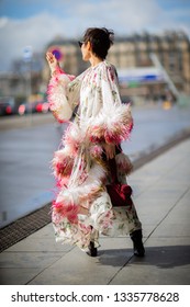 Paris, France - March 04 2019: Paris Fashion Week Street Style  Fall/Winter 2019/2020 Guest Outside Giambattista Valli
