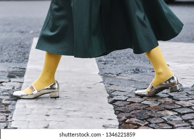 Paris, France - March 05, 2019: Street Style Outfit -  Dior Shoes In Detail  After A Fashion Show During Paris Fashion Week - PFWFW19