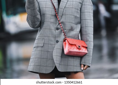 Paris, France - March 05, 2019: Street Style Outfit -  Woman Wearing Chanel Purse After A Fashion Show During Paris Fashion Week - PFWFW19