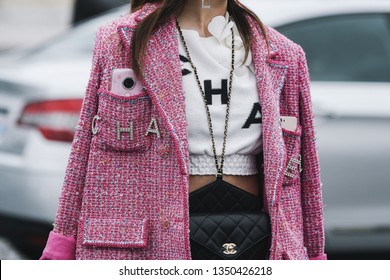 Paris, France - March 05, 2019: Street style outfit -  Chanel outfit after a fashion show during Paris Fashion Week - PFWFW19