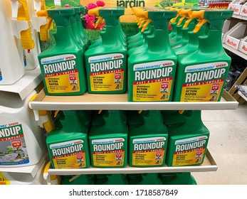 Paris, France - March 05, 2020 : Roundup In A French Hypermarket. The New Roundup Is A Brand-name Of An Herbicide Without Glyphosate, Made By Monsanto Company.