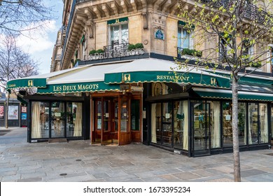 Paris, France - March 15 2020: Cafe Les Deux Magots Closed In Order To Stop The Spread Of Covid-19 Epidemic.