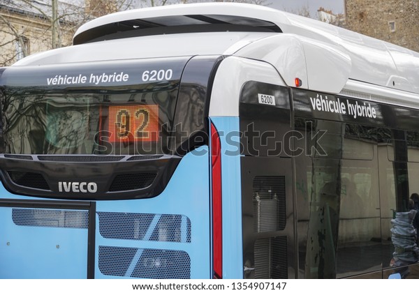 Paris, France - March 18, 2019: Île-de-France\
Mobilités (ÎDF Mobilités) bus, the organisation authority that\
controls and coordinates the different transport companies\
operating in the Paris\
area