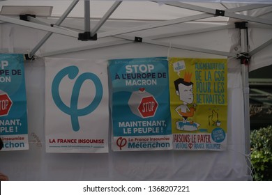 Paris, France - March 19, 2019: Posters Of La France Insoumise Against Emmanuel Macron. Translated As 