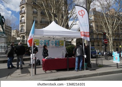 Paris, France - March 19, 2019: Gazebo Of La France Insoumise Against Emmanuel Macron. Translated As 