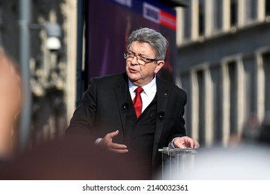 PARIS, FRANCE - MARCH 20, 2022 : The far left-wing candidate Jean-Luc Melenchon (La France Insoumise, LFI) delivers a speech during his meeting three weeks before the presidential election.