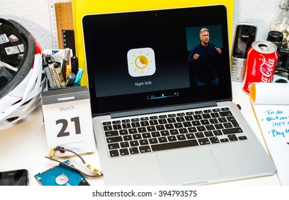 PARIS, FRANCE - MARCH 21, 2016: Apple Computers Website On MacBook Pro Retina In A Creative Room Environment Showcasing Apple Event With Night Shift On IPad Pro