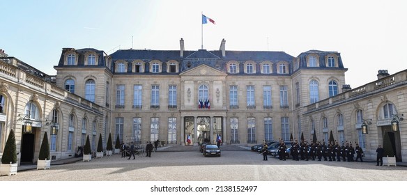 PARIS, FRANCE - MARCH 21, 2022 : The Entrance (inside The Courtyard) To The Presidential Elysee Palace (Palais De L'Elysée), Residence Of The President Of The French Republic.