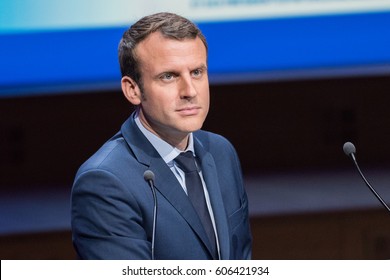 PARIS, FRANCE - MARCH 22, 2017 : Emmanuel Macron speaking during the Exceptional gathering of mayors of France in the context of the presidential elections.