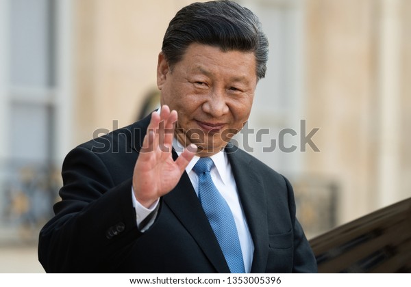 PARIS,\
FRANCE - MARCH 25, 2018 : The chinese President Xi Jinping  during\
his state visit in France at the Elysee\
Palace.