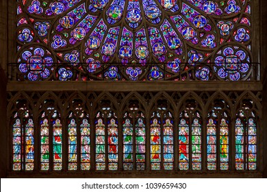 Paris, France, March 27 2017: stained glass window in Notre dame cathedral, Paris