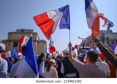 Paris, France - march 27 2022: crowd with french flags at the far right nationalist political rally of Eric Zemmour presidential candidate on Place du Trocadéro