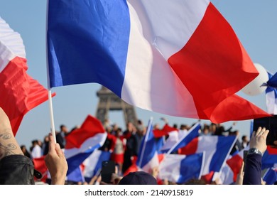 Paris, France - March 27 2022 : Crowd Waving French Flags At Political Rally On Trocadéro Place , Motion Blur