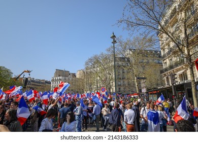 Paris, France - March 27 2022 : Crowd Of French People Waving French Flags At Political Rally On Trocadéro's Square , Patriotic Pride