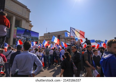 Paris, France - March 27 2022 : Crowd Of French People Waving French Flags At Political Rally On Trocadéro's Square , Patriotic Pride