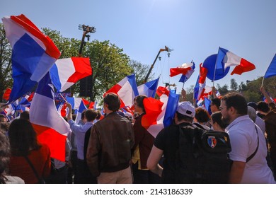 Paris, France - March 27 2022 : Crowd Of French People Waving French Flags At Political Rally On Trocadéro's Square , Patriotic Pride