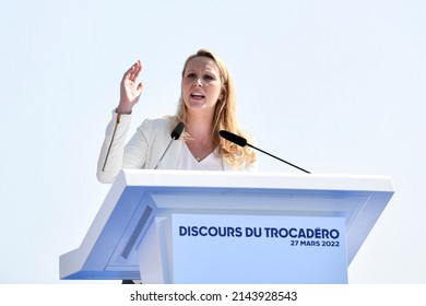 PARIS, FRANCE - MARCH 27, 2022 : Speech By Marion Marechal (Le Pen) During The Campaign Rally Of The Far-right 'Reconquete' Party Leader And French Presidential Candidate Eric Zemmour At Trocadero.