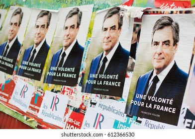 PARIS, FRANCE - MARCH 31, 2017 : François Fillon Campaign Posters For The 2017 French Presidential Election.