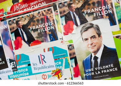 PARIS, FRANCE - MARCH 31, 2017 : François Fillon Campaign Posters For The 2017 French Presidential Election.