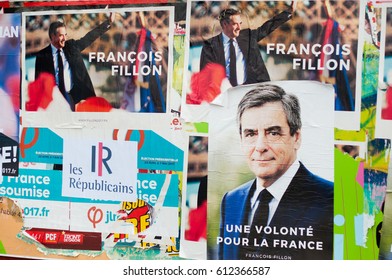 PARIS, FRANCE - MARCH 31, 2017 : François Fillon Campaign Posters For The 2017 French Presidential Election.