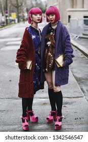 Paris, France - March 5, 2019: Street Style Outfit -  Ami Suzuki, Aya Suzuki Before A Fashion Show During Paris Fashion Week - PFWFW19