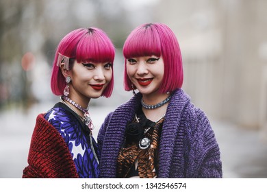 Paris, France - March 5, 2019: Street Style Outfit -  Ami Suzuki, Aya Suzuki Before A Fashion Show During Paris Fashion Week - PFWFW19