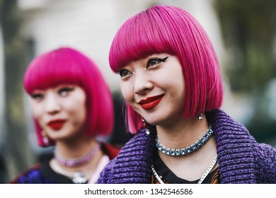 Paris, France - March 5, 2019: Street Style Outfit -  Ami Suzuki, Aya Suzuki Before A Fashion Show During Paris Fashion Week - PFWFW19